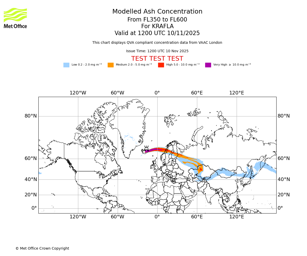 Modelled ash concentration from 350 to 600 for KRAFLA. Valid at 1200 UTC 10/11/2025