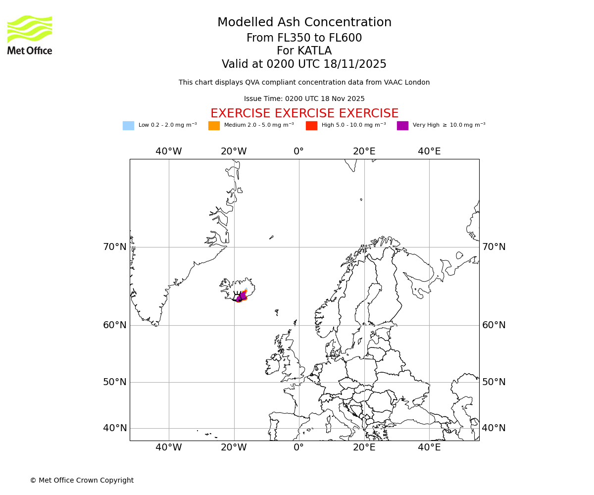 Modelled ash concentration from 350 to 600 for KATLA. Valid at 0200 UTC 18/11/2025