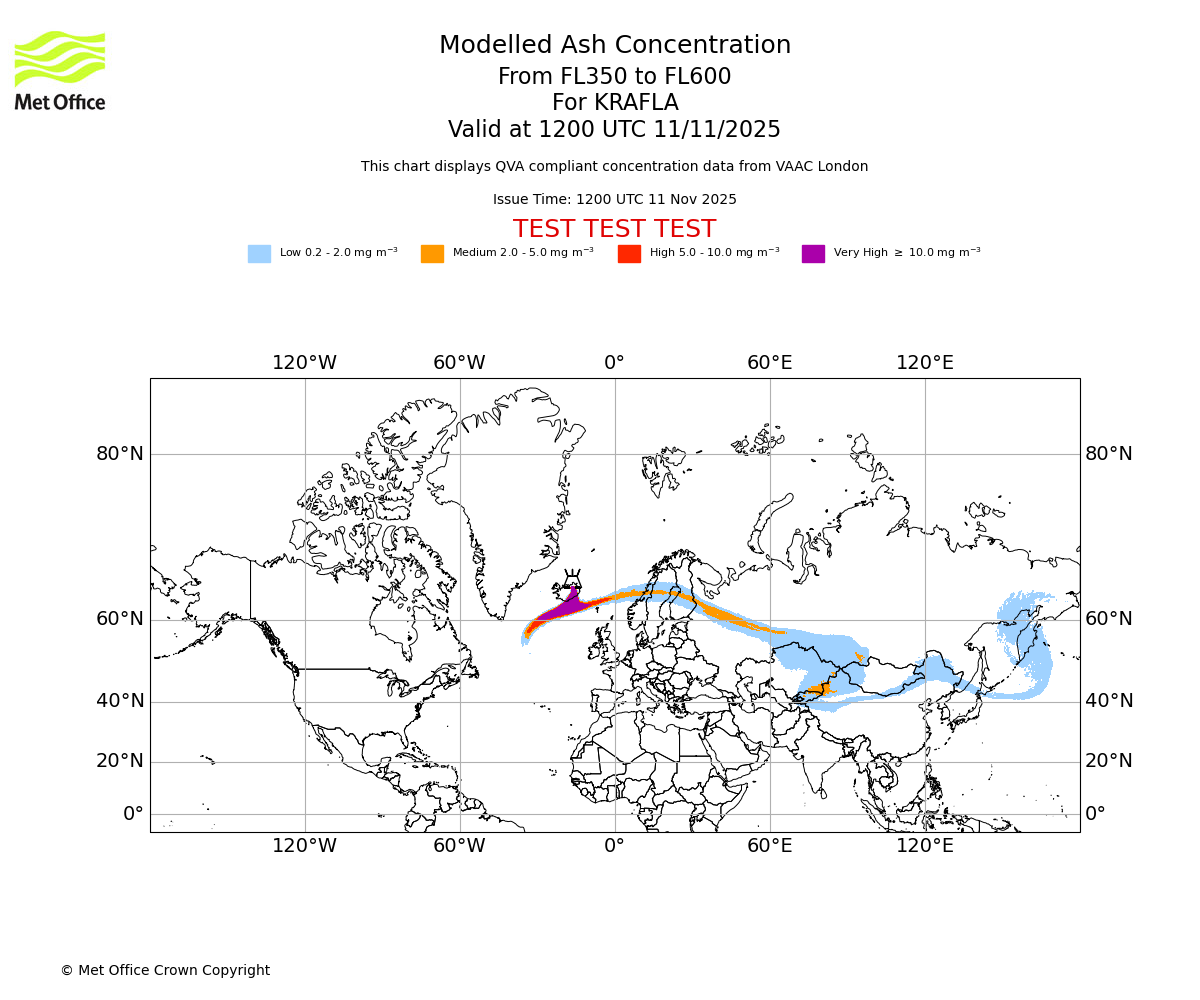 Modelled ash concentration from 350 to 600 for KRAFLA. Valid at 1200 UTC 11/11/2025
