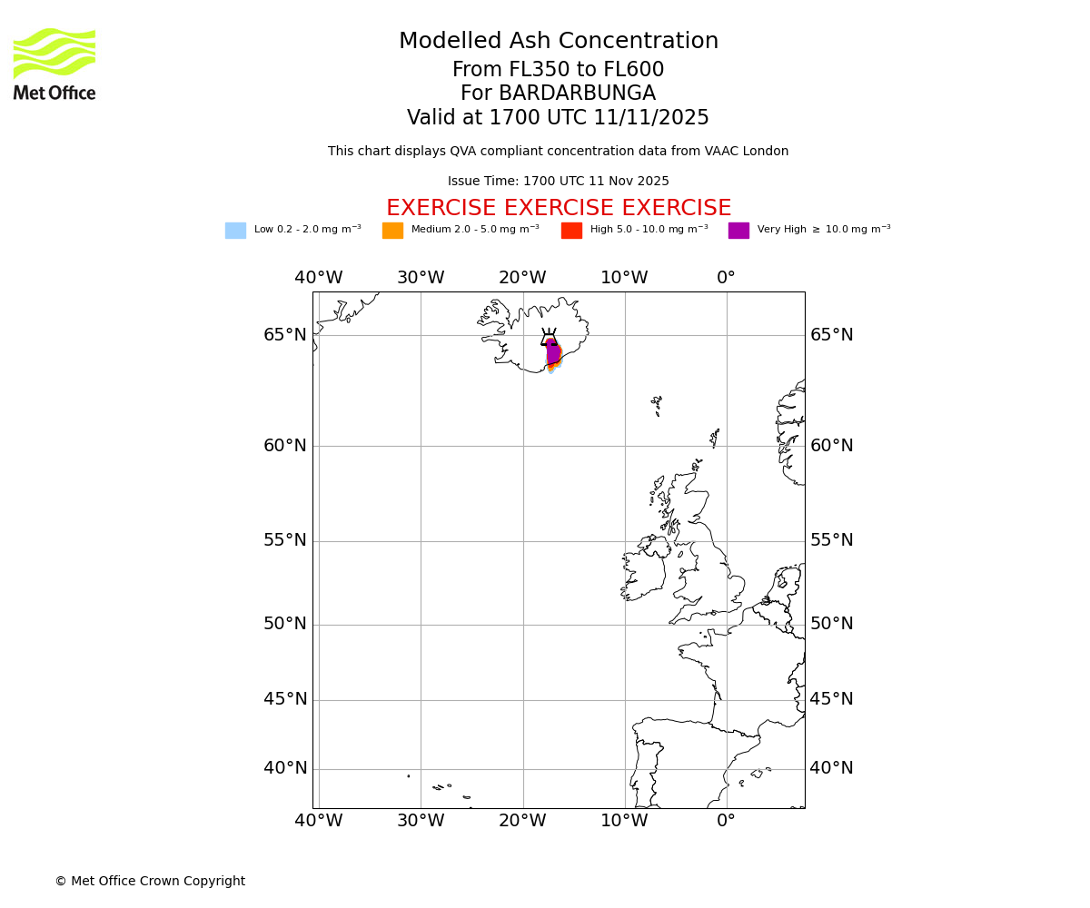 Modelled ash concentration from 350 to 600 for BARDARBUNGA. Valid at 1700 UTC 11/11/2025