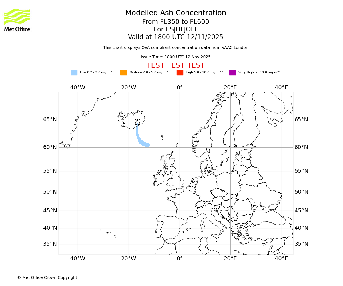Modelled ash concentration from 350 to 600 for ESJUFJOLL. Valid at 1800 UTC 12/11/2025
