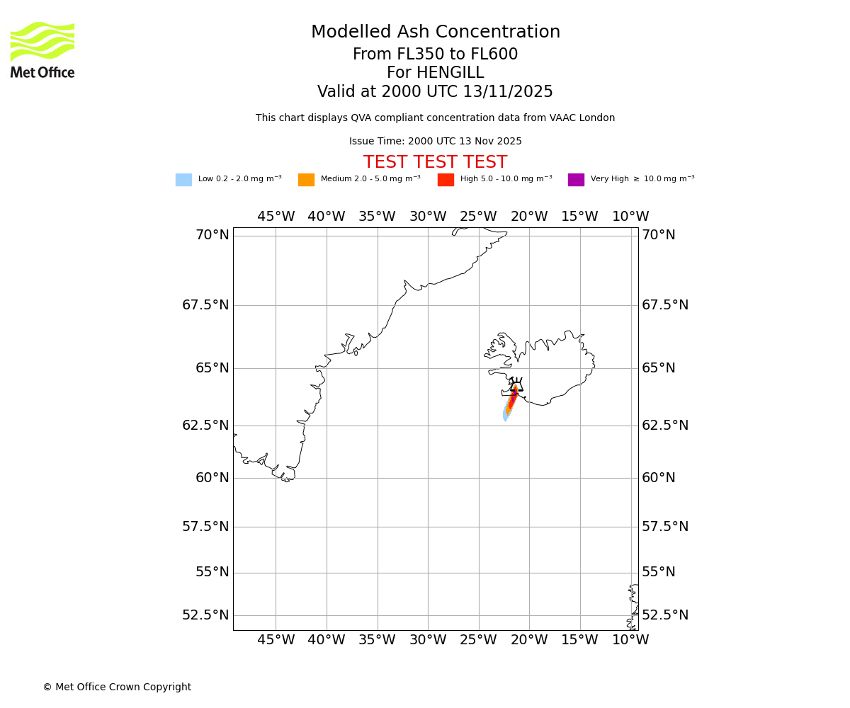 Modelled ash concentration from 350 to 600 for HENGILL. Valid at 2000 UTC 13/11/2025