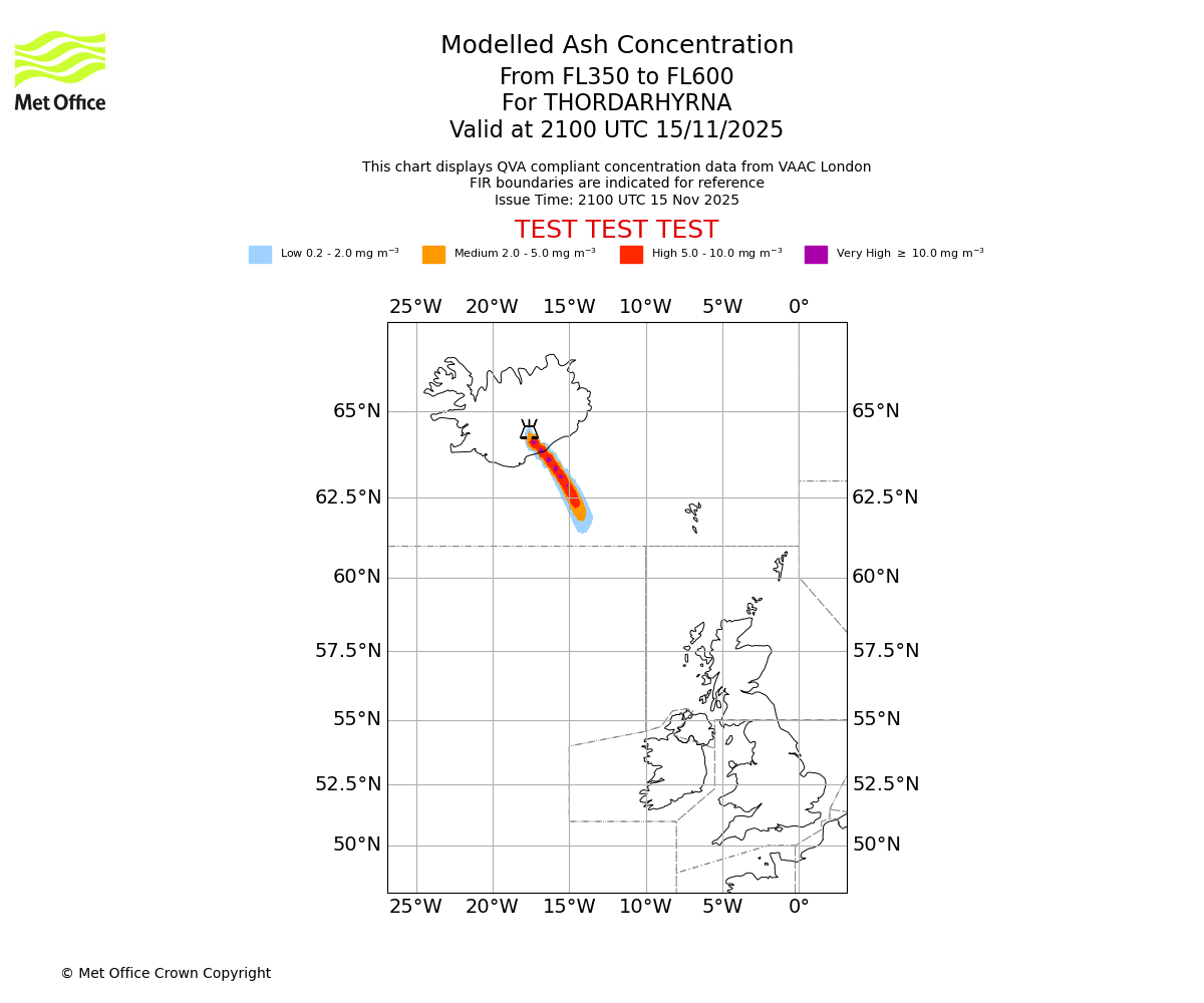 Modelled ash concentration from 350 to 600 for THORDARHYRNA. Valid at 2100 UTC 15/11/2025