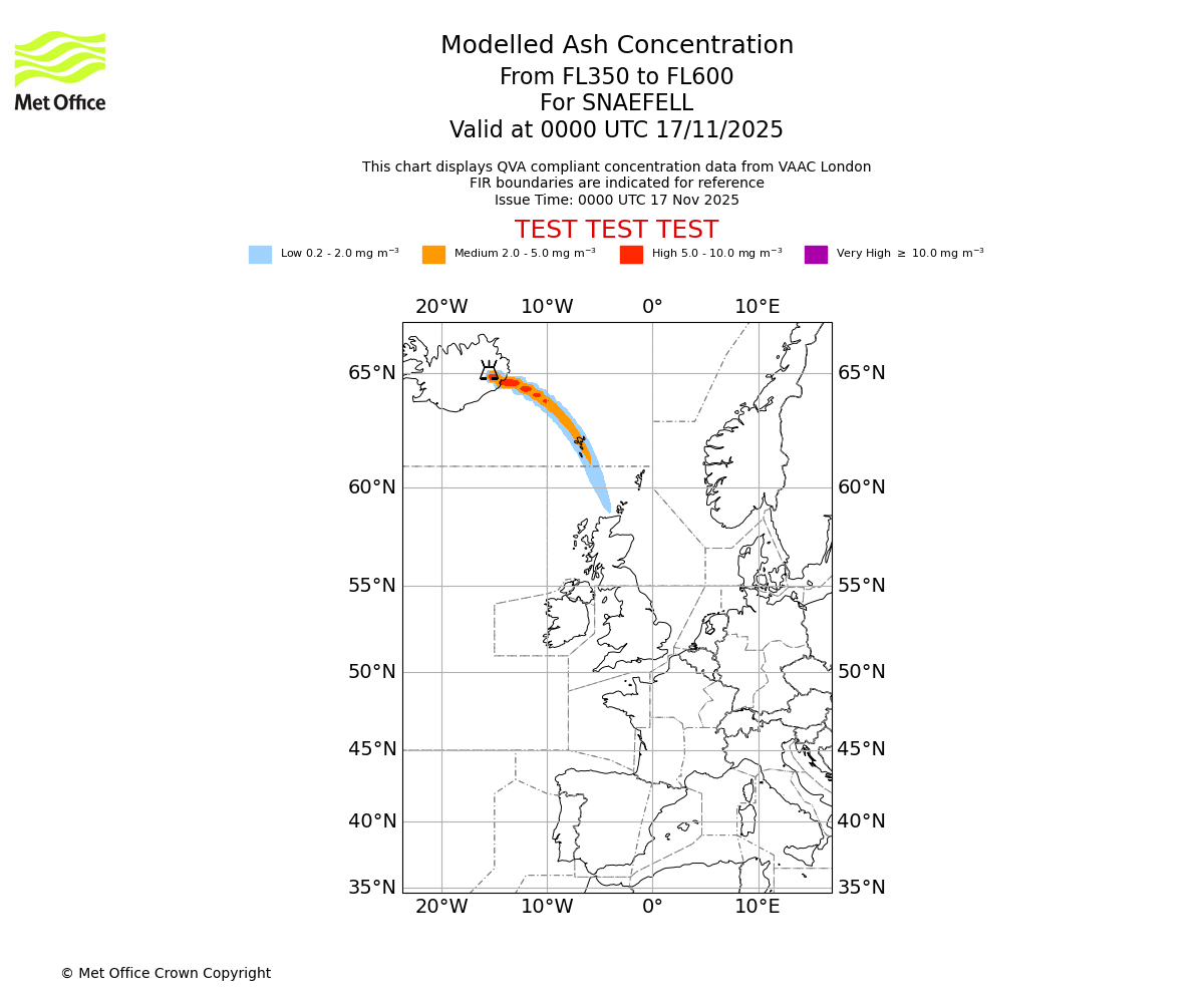 Modelled ash concentration from 350 to 600 for SNAEFELL. Valid at 0000 UTC 17/11/2025