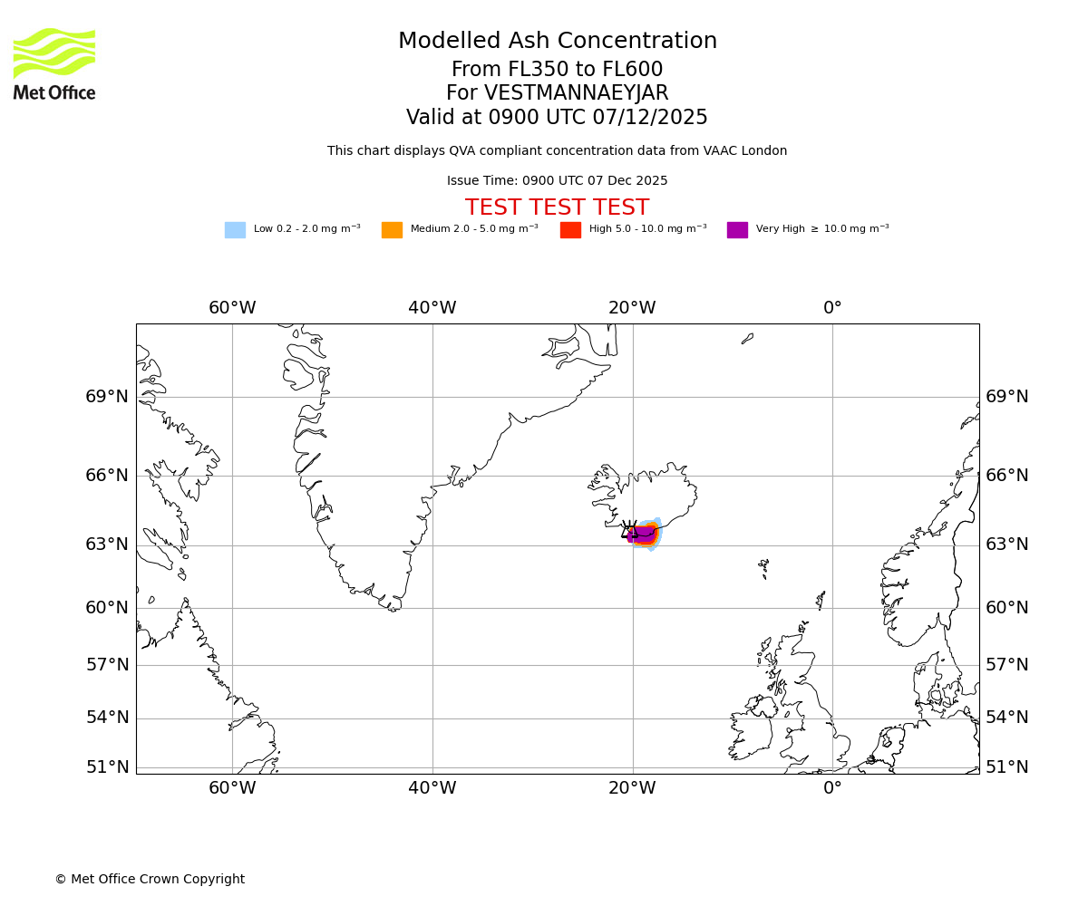 Modelled ash concentration from 350 to 600 for VESTMANNAEYJAR. Valid at 0900 UTC 07/12/2025
