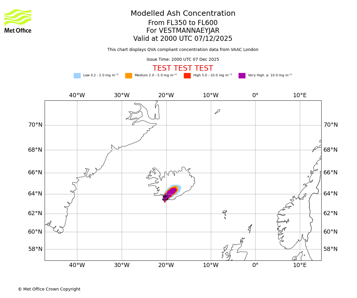 Modelled ash concentration from 350 to 600 for VESTMANNAEYJAR. Valid at 2000 UTC 07/12/2025