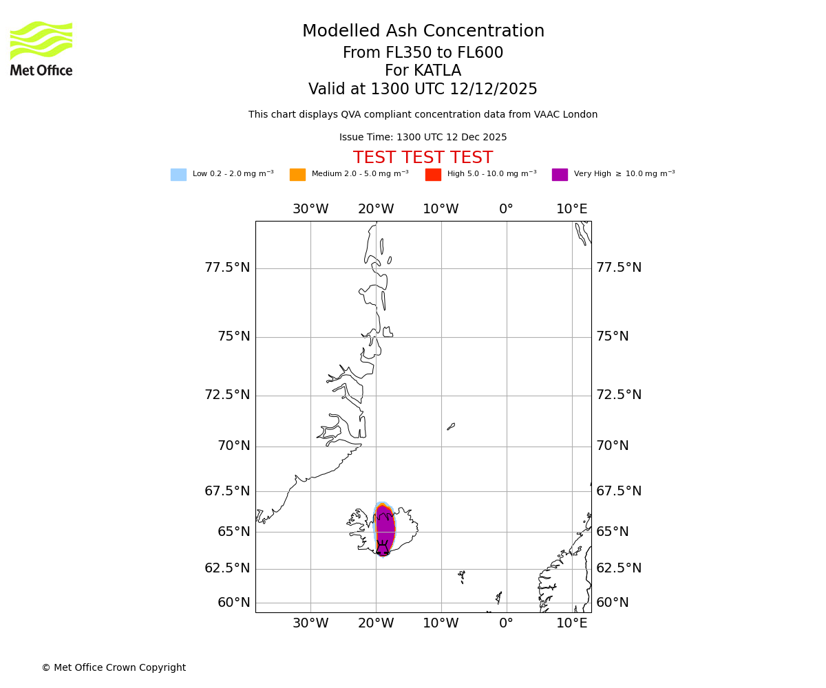 Modelled ash concentration from 350 to 600 for KATLA. Valid at 1300 UTC 12/12/2025