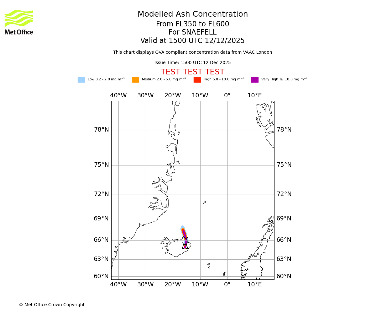 Modelled ash concentration from 350 to 600 for SNAEFELL. Valid at 1500 UTC 12/12/2025