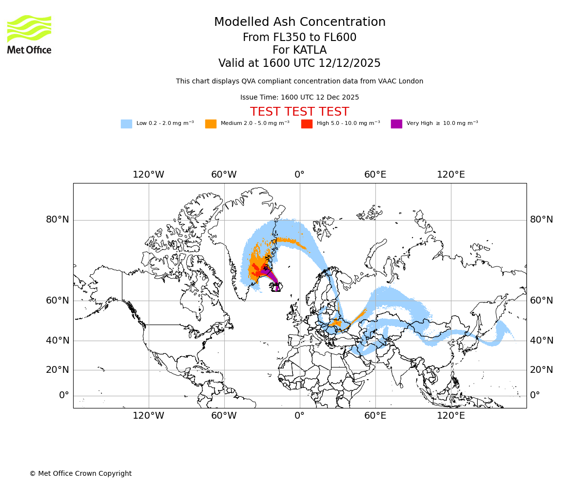 Modelled ash concentration from 350 to 600 for KATLA. Valid at 1600 UTC 12/12/2025