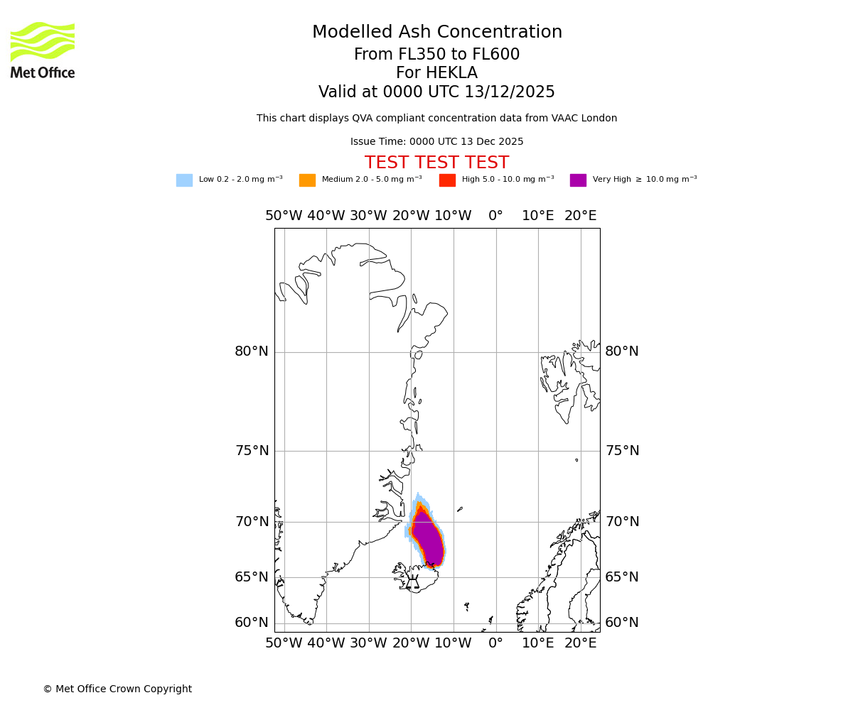 Modelled ash concentration from 350 to 600 for HEKLA. Valid at 0000 UTC 13/12/2025
