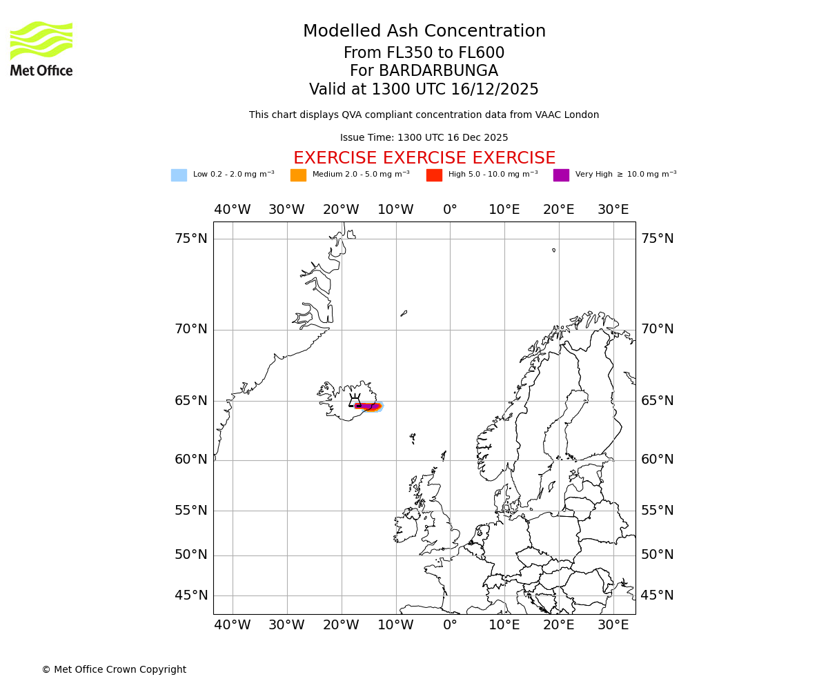 Modelled ash concentration from 350 to 600 for BARDARBUNGA. Valid at 1300 UTC 16/12/2025