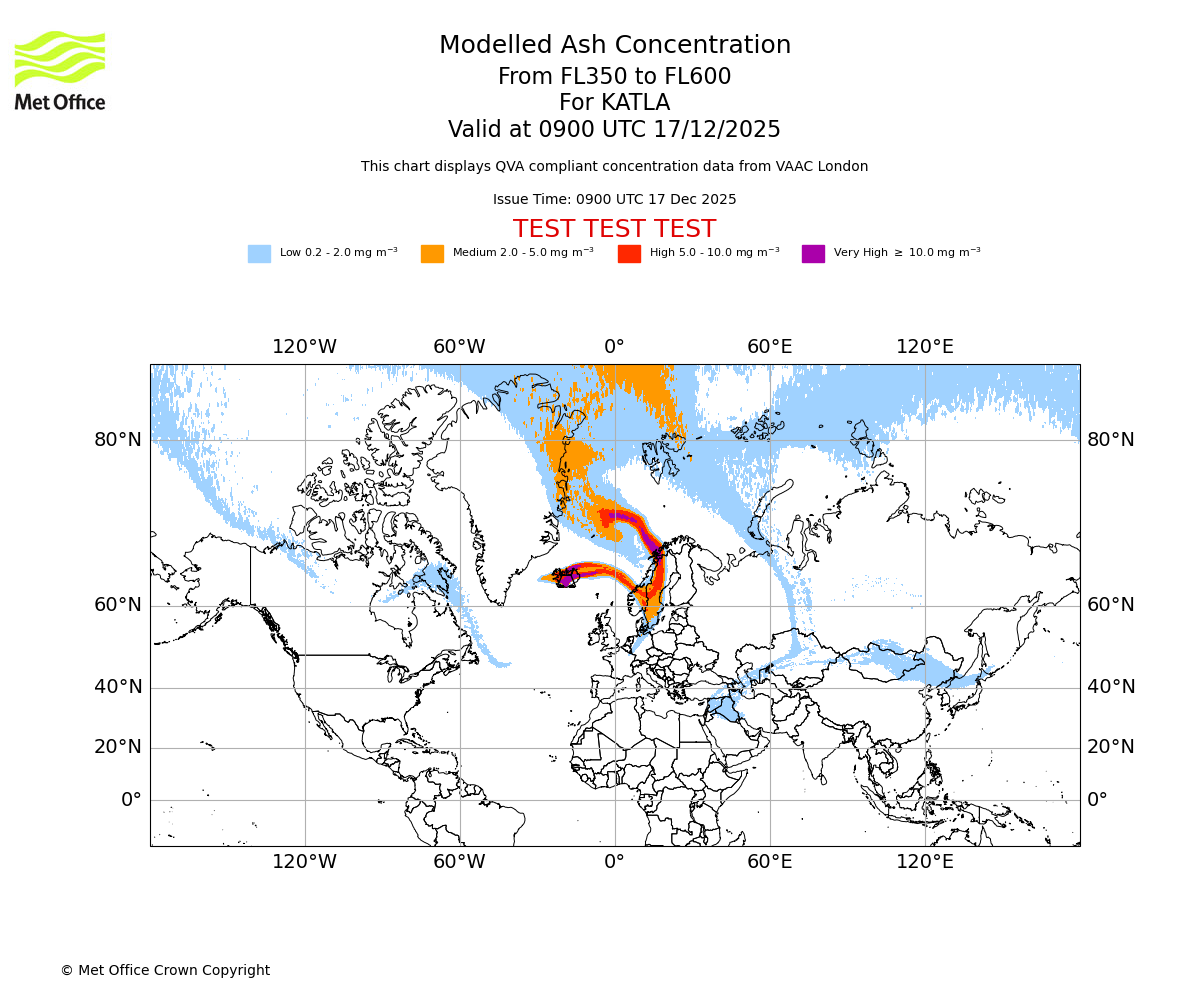 Modelled ash concentration from 350 to 600 for KATLA. Valid at 0900 UTC 17/12/2025