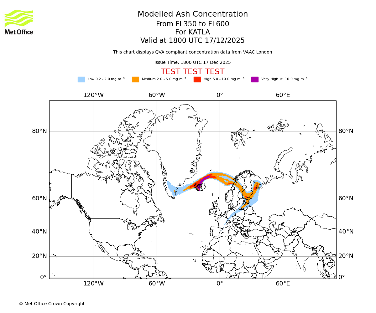 Modelled ash concentration from 350 to 600 for KATLA. Valid at 1800 UTC 17/12/2025