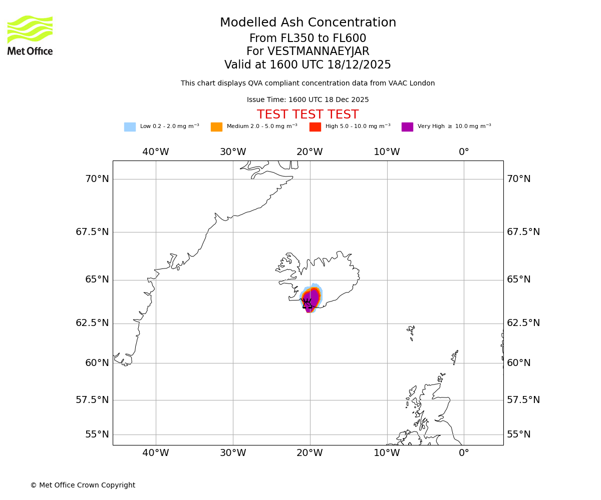 Modelled ash concentration from 350 to 600 for VESTMANNAEYJAR. Valid at 1600 UTC 18/12/2025