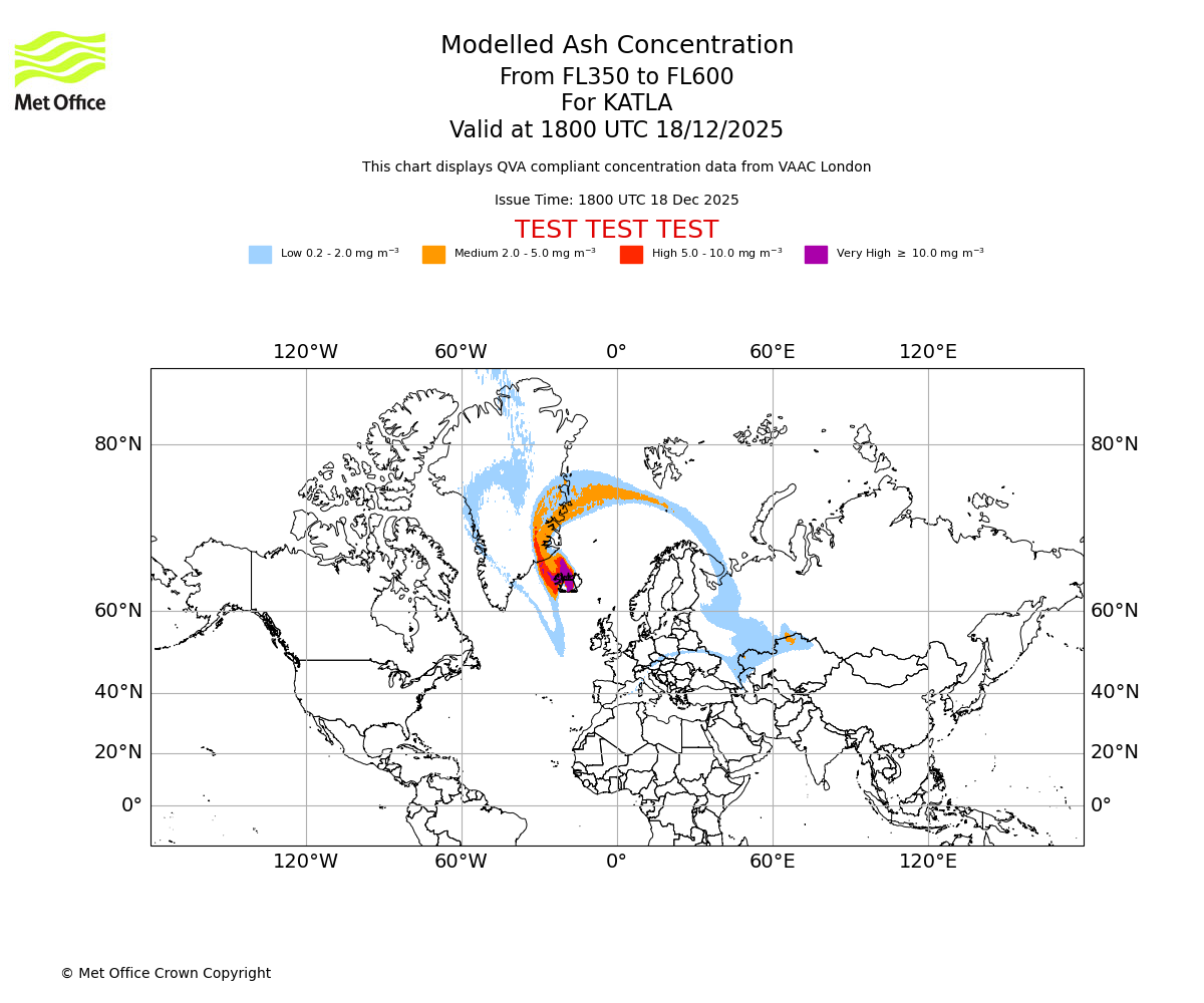 Modelled ash concentration from 350 to 600 for KATLA. Valid at 1800 UTC 18/12/2025