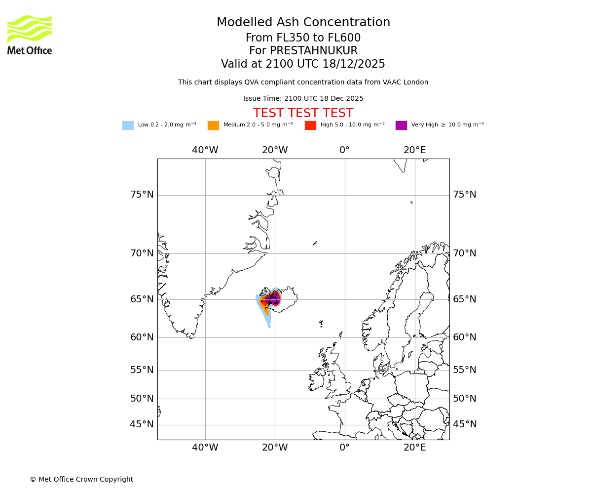 Modelled ash concentration from 350 to 600 for PRESTAHNUKUR. Valid at 2100 UTC 18/12/2025