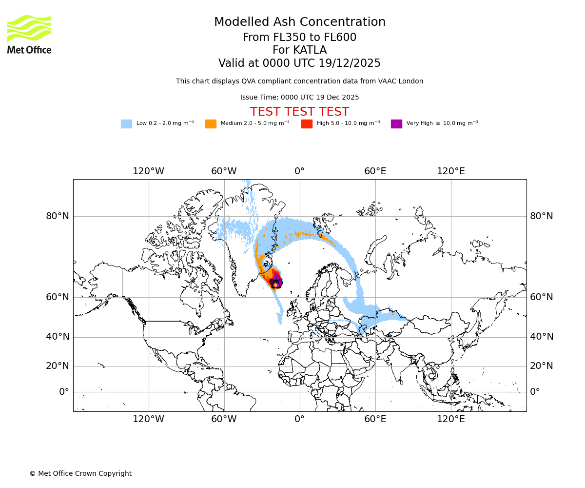 Modelled ash concentration from 350 to 600 for KATLA. Valid at 0000 UTC 19/12/2025