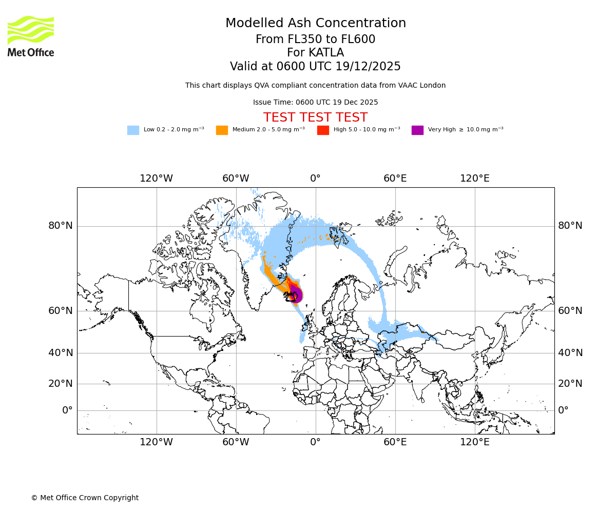 Modelled ash concentration from 350 to 600 for KATLA. Valid at 0600 UTC 19/12/2025