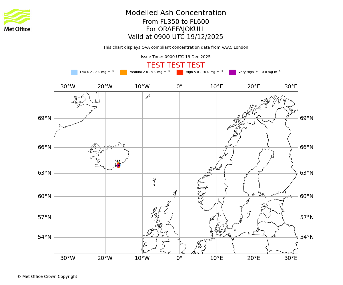 Modelled ash concentration from 350 to 600 for ORAEFAJOKULL. Valid at 0900 UTC 19/12/2025