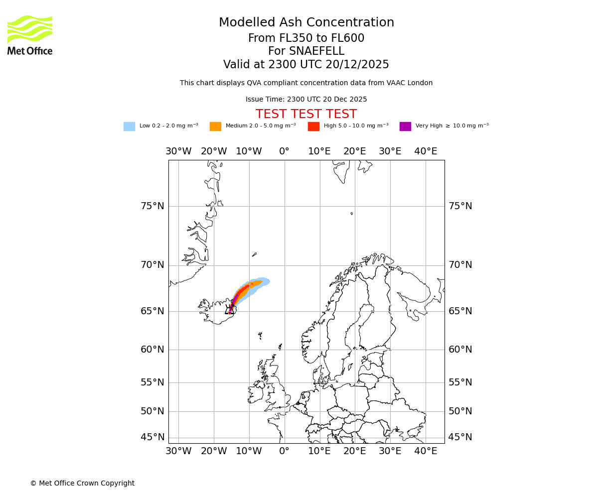 Modelled ash concentration from 350 to 600 for SNAEFELL. Valid at 2300 UTC 20/12/2025