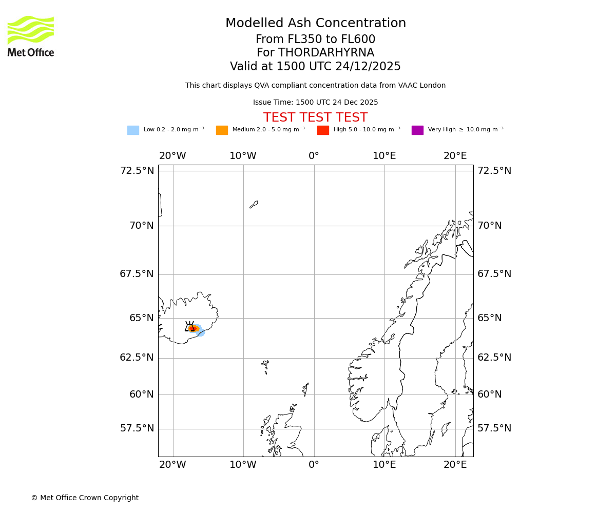 Modelled ash concentration from 350 to 600 for THORDARHYRNA. Valid at 1500 UTC 24/12/2025