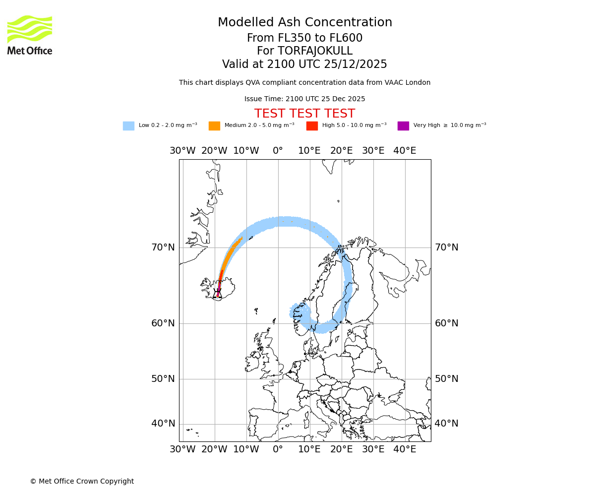 Modelled ash concentration from 350 to 600 for TORFAJOKULL. Valid at 2100 UTC 25/12/2025