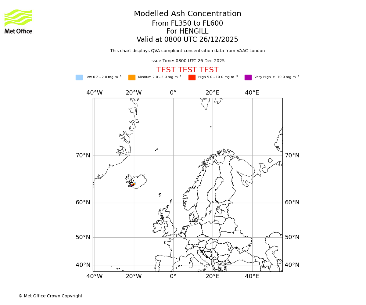 Modelled ash concentration from 350 to 600 for HENGILL. Valid at 0800 UTC 26/12/2025