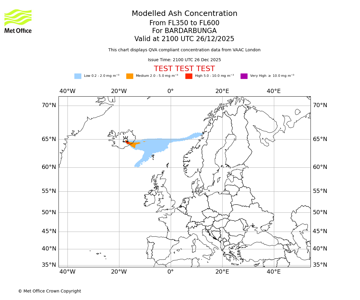 Modelled ash concentration from 350 to 600 for BARDARBUNGA. Valid at 2100 UTC 26/12/2025