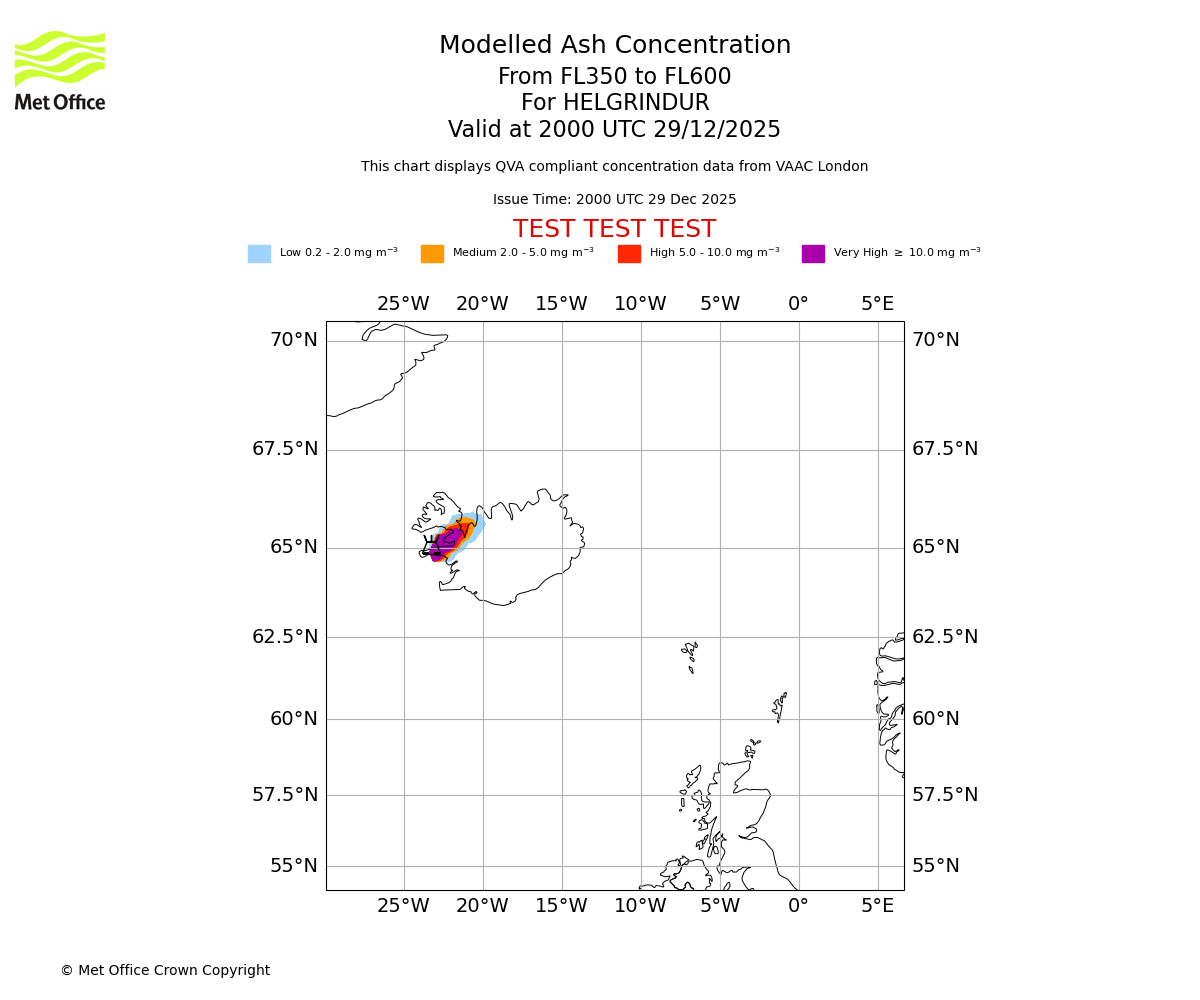 Modelled ash concentration from 350 to 600 for HELGRINDUR. Valid at 2000 UTC 29/12/2025
