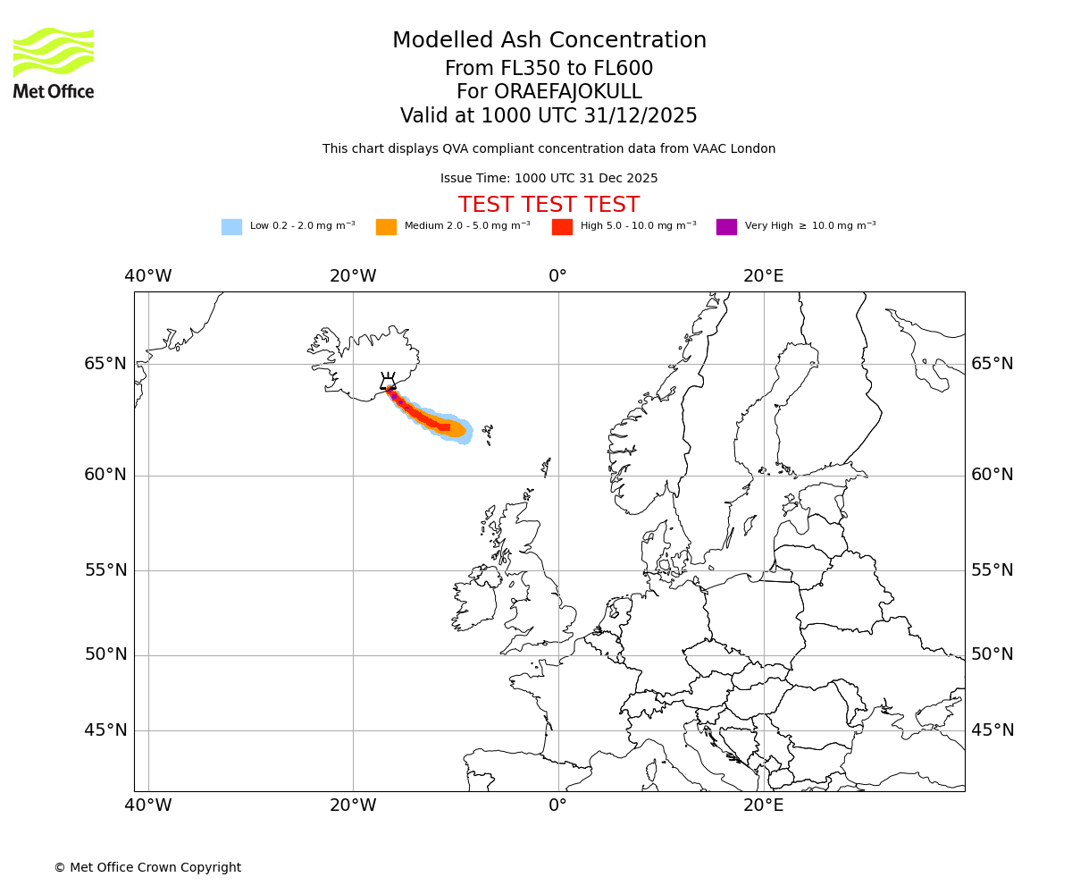Modelled ash concentration from 350 to 600 for ORAEFAJOKULL. Valid at 1000 UTC 31/12/2025