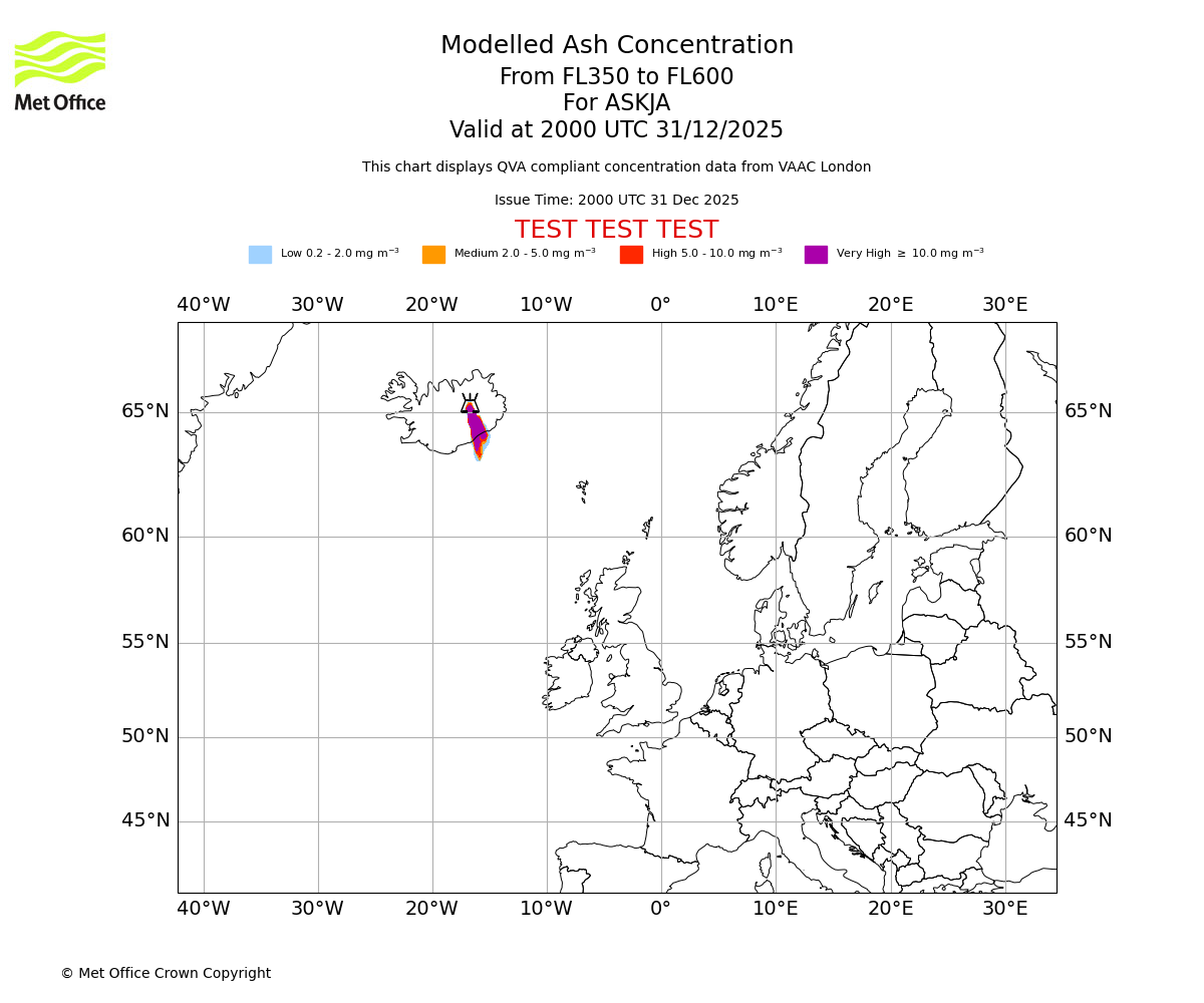 Modelled ash concentration from 350 to 600 for ASKJA. Valid at 2000 UTC 31/12/2025