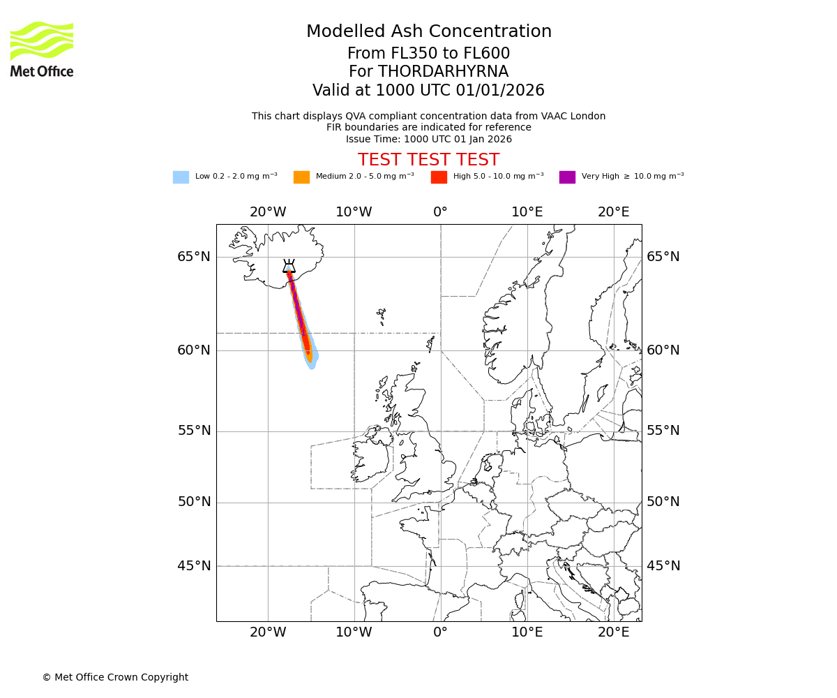 Modelled ash concentration from 350 to 600 for THORDARHYRNA. Valid at 1000 UTC 01/01/2026
