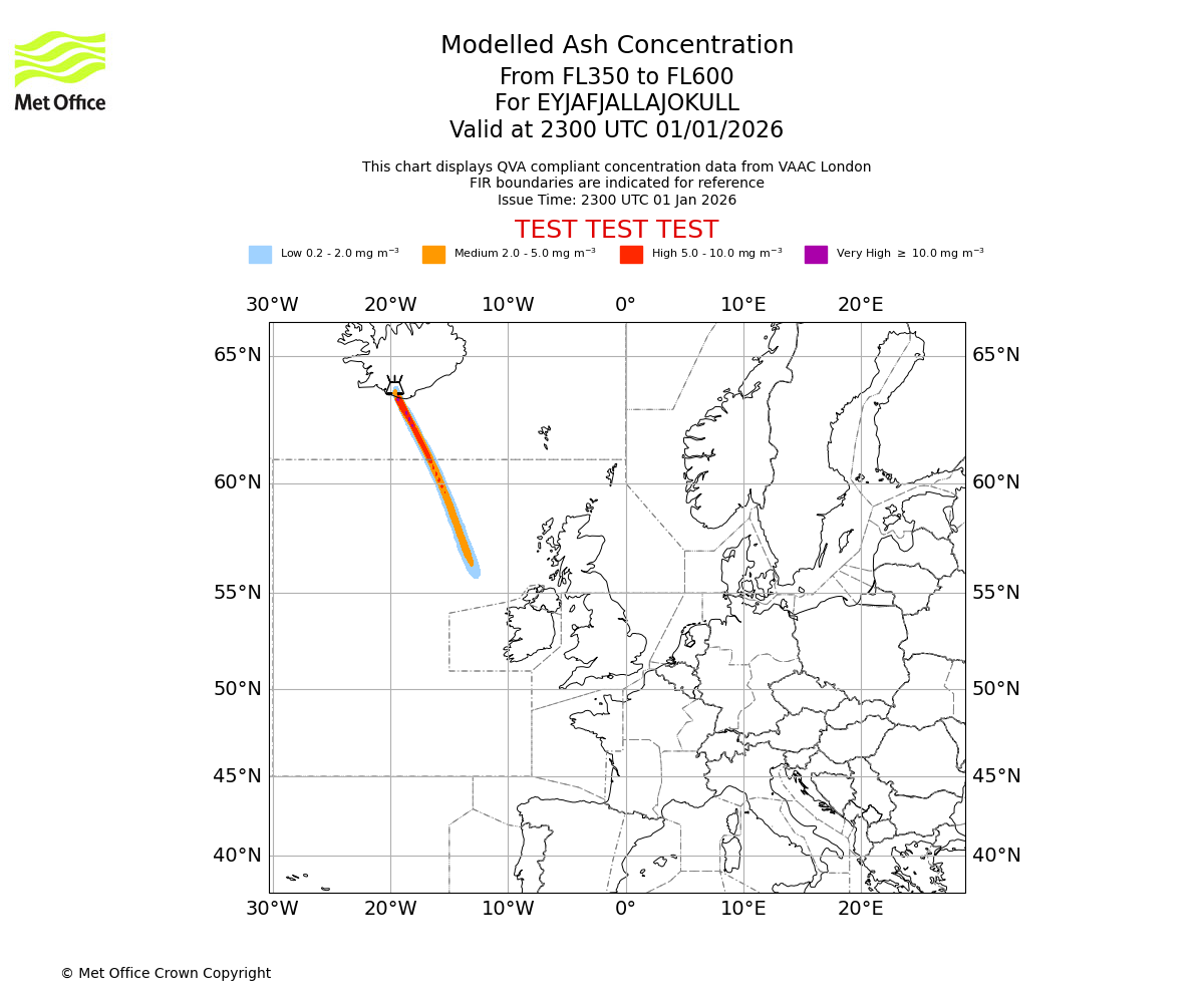 Modelled ash concentration from 350 to 600 for EYJAFJALLAJOKULL. Valid at 2300 UTC 01/01/2026