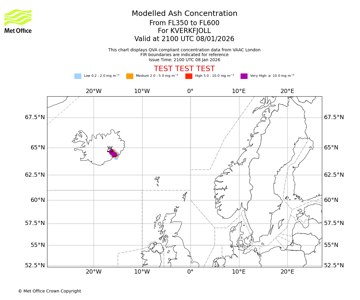 Modelled ash concentration from 350 to 600 for KVERKFJOLL. Valid at 2100 UTC 08/01/2026