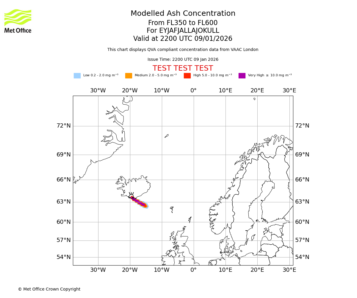 Modelled ash concentration from 350 to 600 for EYJAFJALLAJOKULL. Valid at 2200 UTC 09/01/2026
