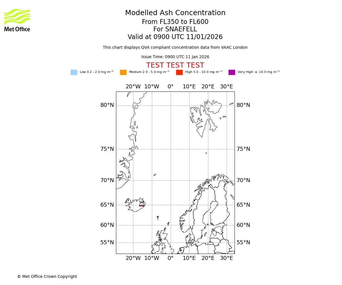 Modelled ash concentration from 350 to 600 for SNAEFELL. Valid at 0900 UTC 11/01/2026