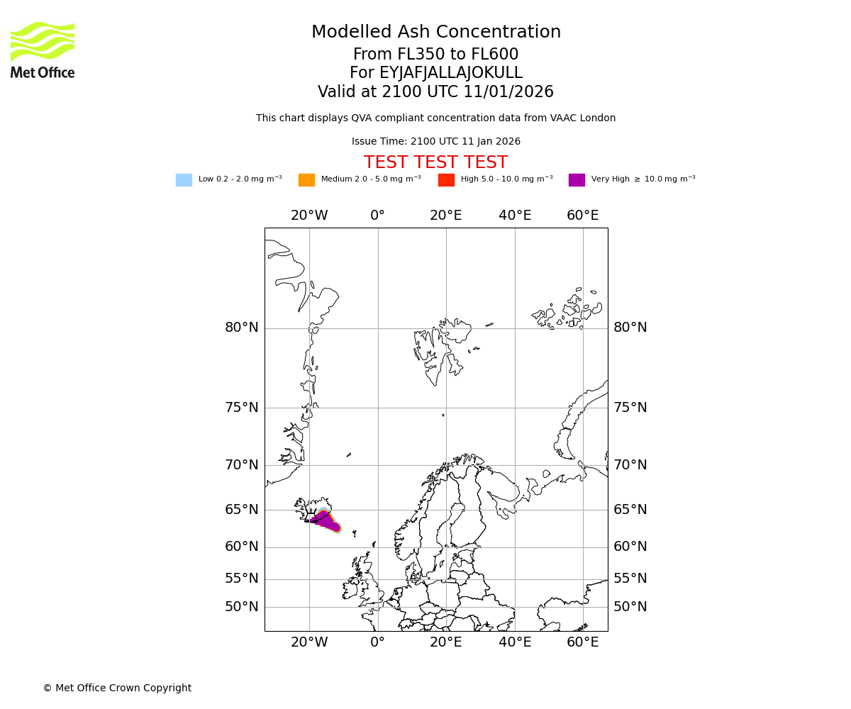 Modelled ash concentration from 350 to 600 for EYJAFJALLAJOKULL. Valid at 2100 UTC 11/01/2026