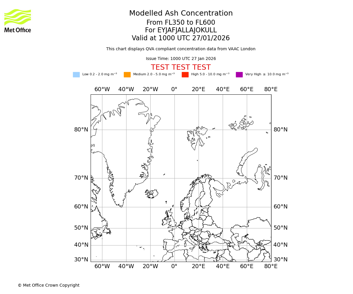 Modelled ash concentration from 350 to 600 for EYJAFJALLAJOKULL. Valid at 1000 UTC 27/01/2026