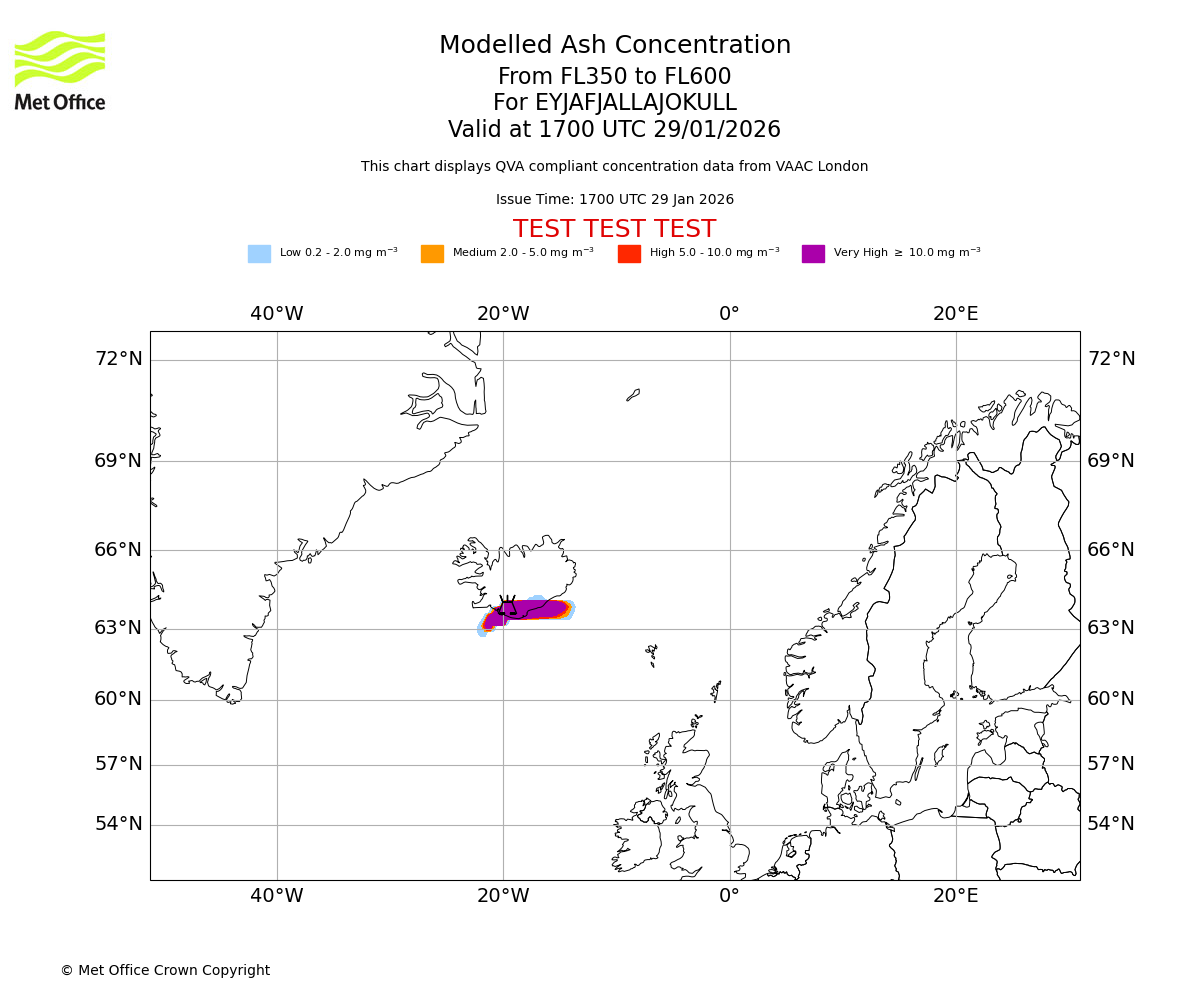 Modelled ash concentration from 350 to 600 for EYJAFJALLAJOKULL. Valid at 1700 UTC 29/01/2026