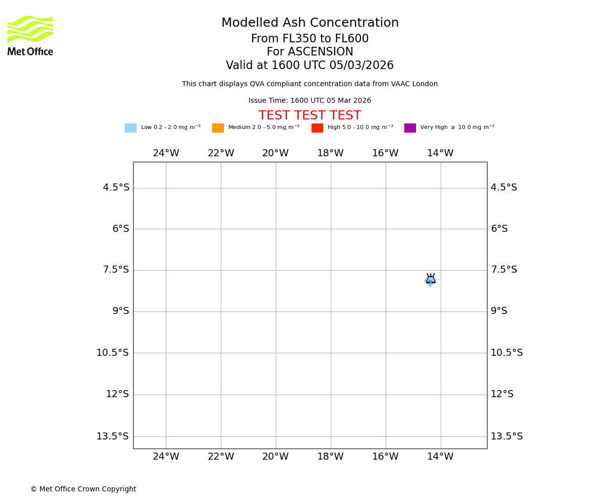 Modelled ash concentration from 350 to 600 for ASCENSION. Valid at 1600 UTC 05/03/2026