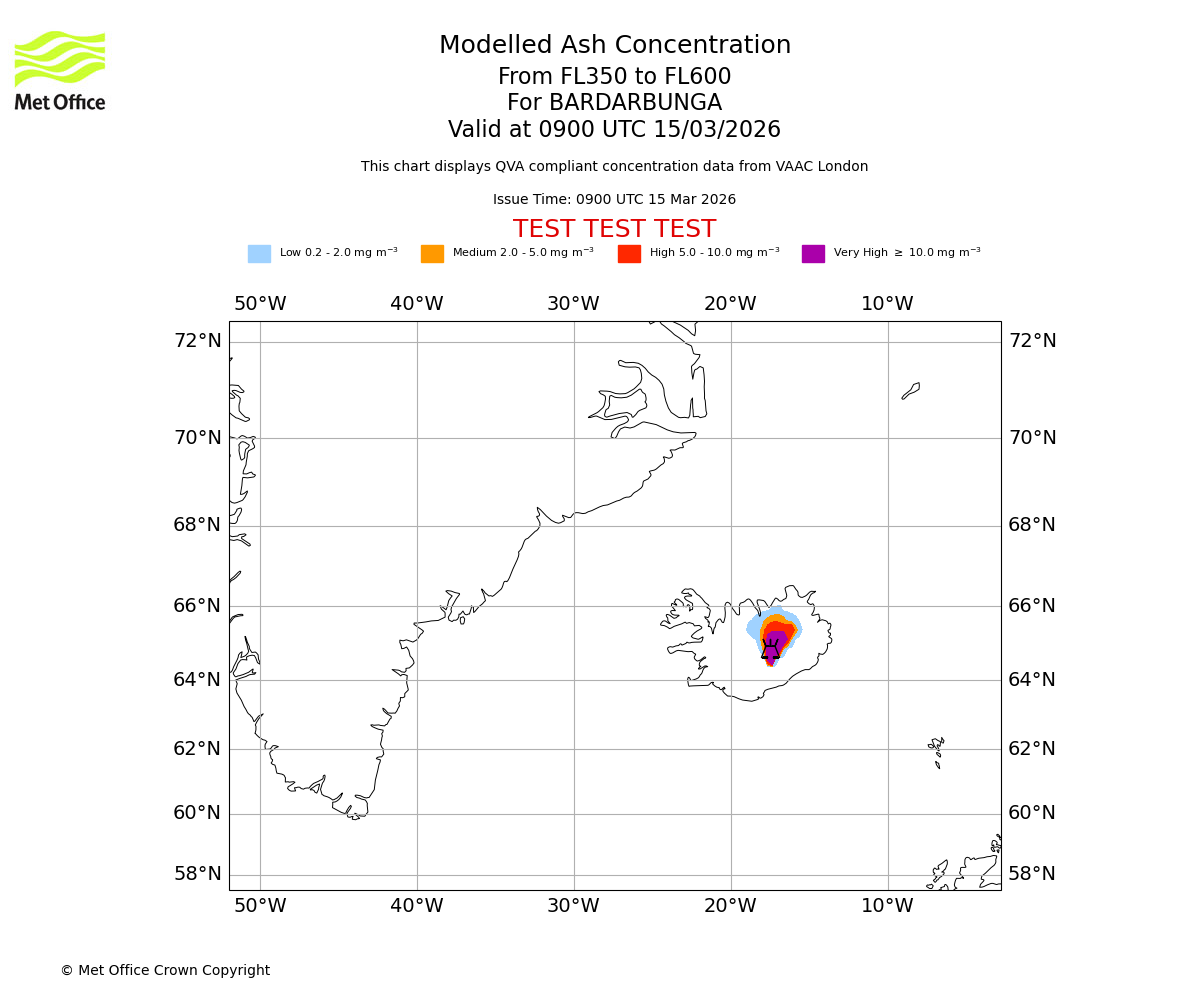 Modelled ash concentration from 350 to 600 for BARDARBUNGA. Valid at 0900 UTC 15/03/2026