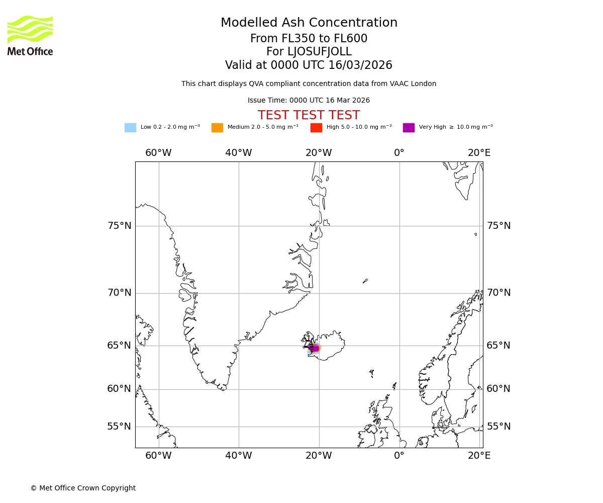 Modelled ash concentration from 350 to 600 for LJOSUFJOLL. Valid at 0000 UTC 16/03/2026