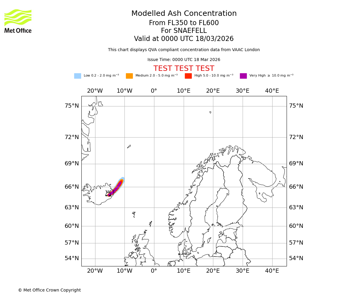 Modelled ash concentration from 350 to 600 for SNAEFELL. Valid at 0000 UTC 18/03/2026
