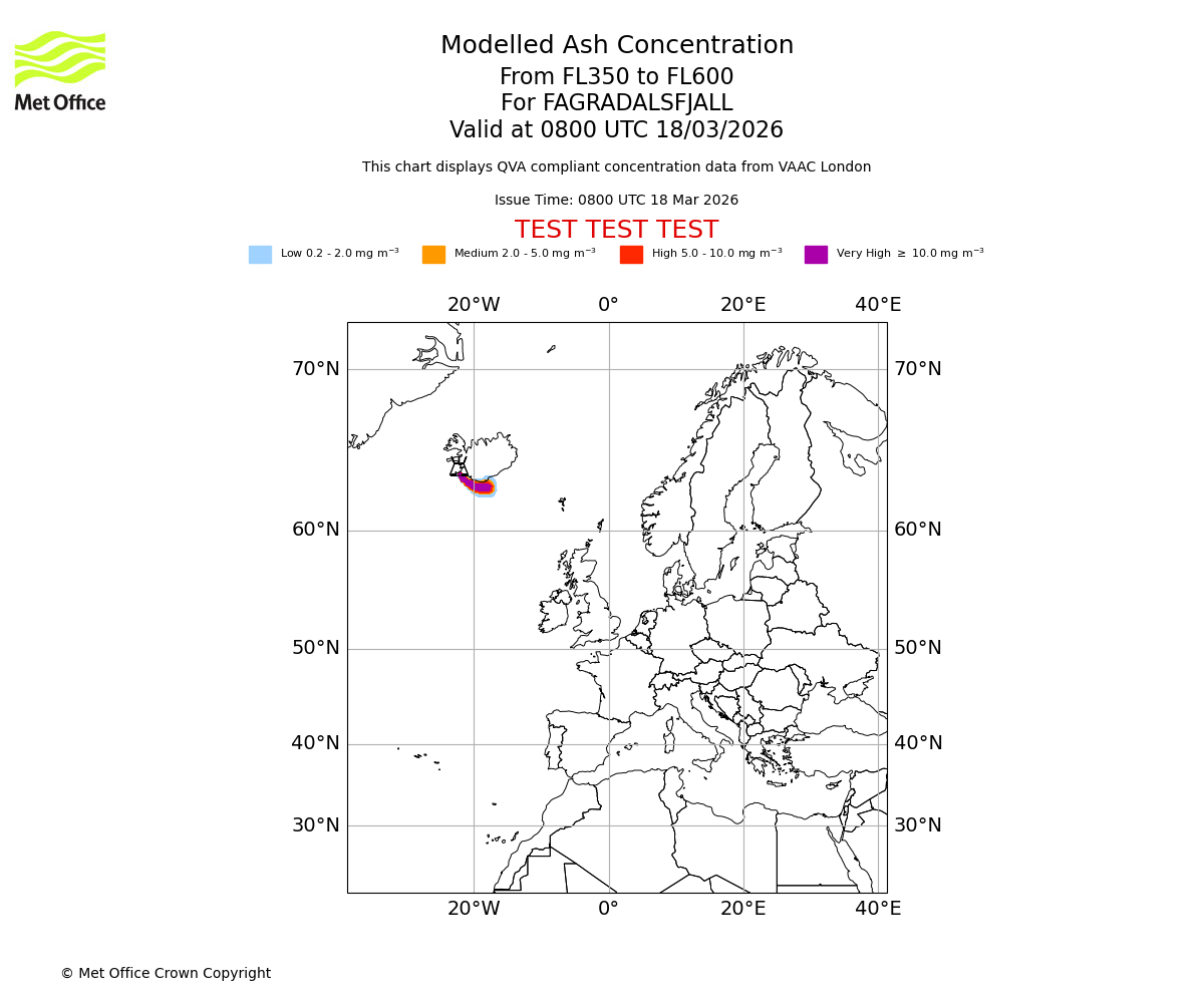 Modelled ash concentration from 350 to 600 for FAGRADALSFJALL. Valid at 0800 UTC 18/03/2026