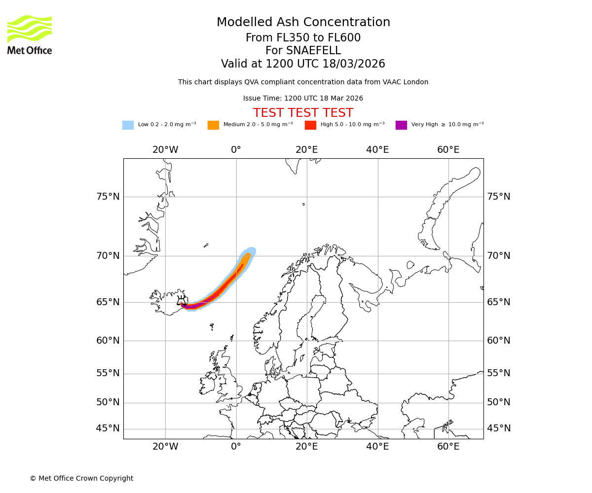 Modelled ash concentration from 350 to 600 for SNAEFELL. Valid at 1200 UTC 18/03/2026