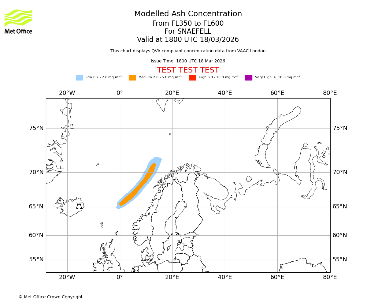 Modelled ash concentration from 350 to 600 for SNAEFELL. Valid at 1800 UTC 18/03/2026
