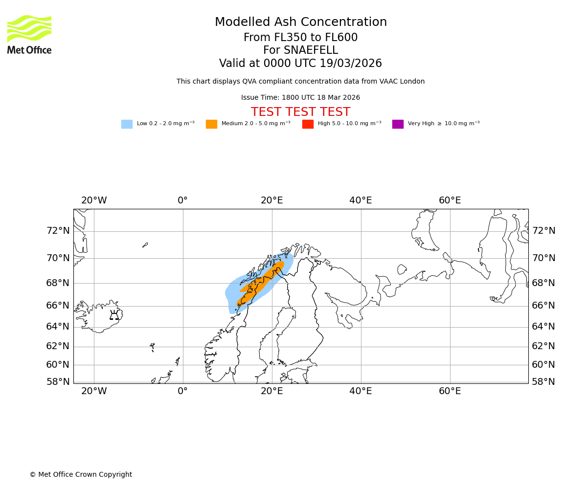 Modelled ash concentration from 350 to 600 for SNAEFELL. Valid at 0000 UTC 19/03/2026