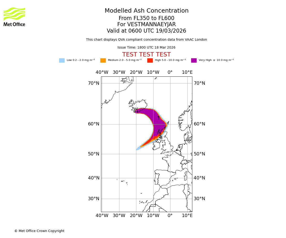 Modelled ash concentration from 350 to 600 for VESTMANNAEYJAR. Valid at 0600 UTC 19/03/2026