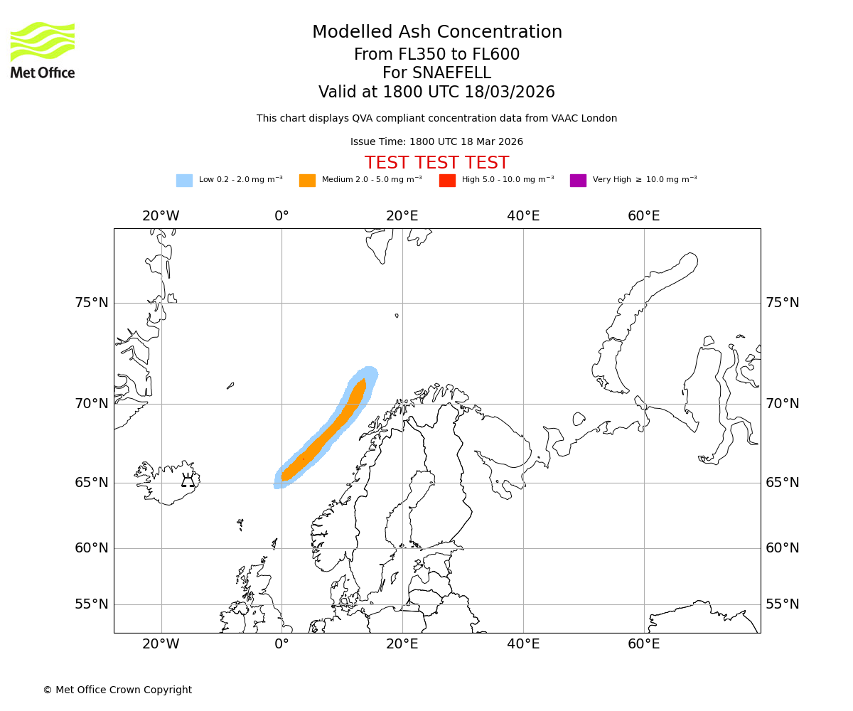 Modelled ash concentration from 350 to 600 for SNAEFELL. Valid at 1800 UTC 18/03/2026