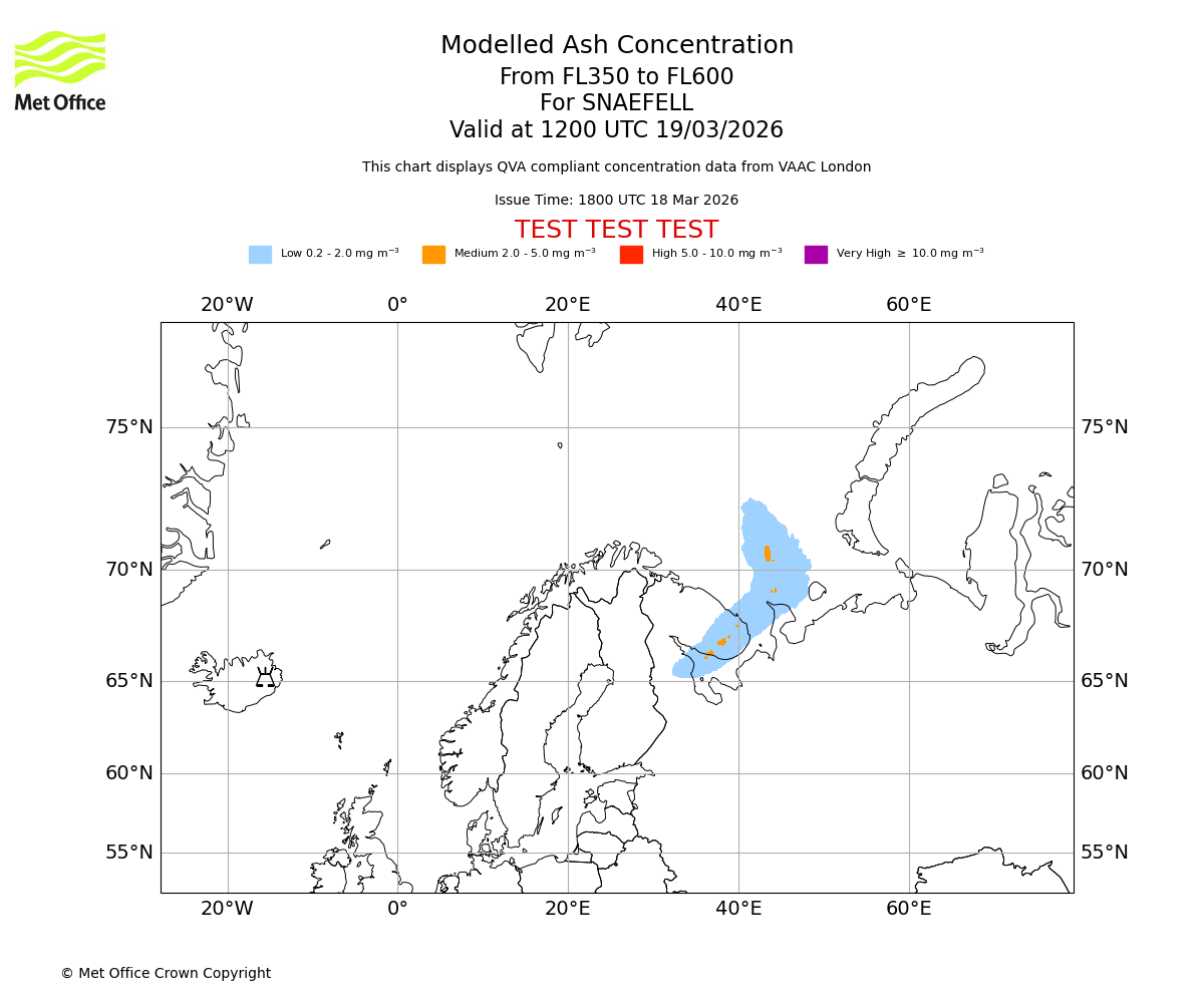 Modelled ash concentration from 350 to 600 for SNAEFELL. Valid at 1200 UTC 19/03/2026